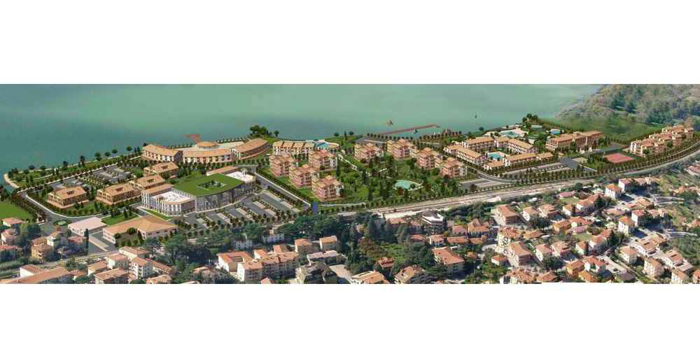 Render e animazione per grandi opere e progetti urbanistici zona ex s.a.i.- Michelangelo Costruzioni - Vista aerea ferrovia - Rendering Passignano sul Trasimeno (Perugia - Umbria)